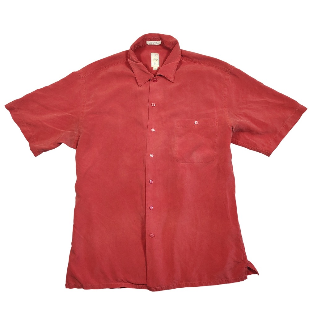 Burma Bibas Shirt Mens L Red Short‎ Sleeve Button Down Solid Silk
